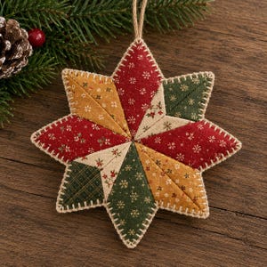 May include: A star-shaped fabric ornament featuring a patchwork design of red, green, and gold floral and snowflake patterns. The segments are joined with visible cream-colored stitching, and a jute twine loop is attached to the top for hanging.