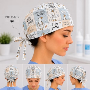 May include: A tie-back scrub cap featuring a grid pattern with illustrations of geese in doctor coats, stethoscopes, and glasses. The fabric includes text such as "Silly goose," "Today I'm a goose," "Today I'm a serious," and "Honk!" in a light blue, beige, and white color palette.