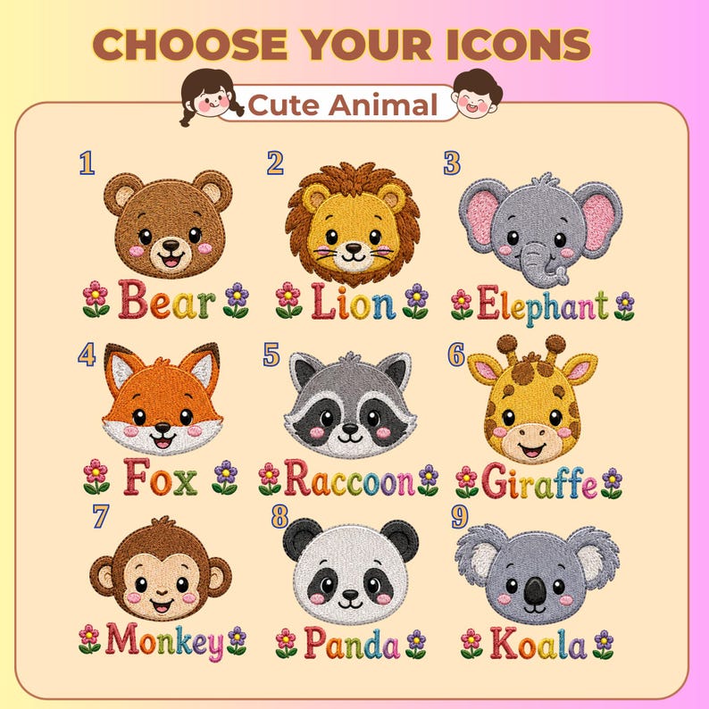 K&ouml;nnte beinhalten: Ein Raster aus neun gestickten Tier-Icons, nummeriert von 1 bis 9, mit B&auml;r, L&ouml;we, Elefant, Fuchs, Waschb&auml;r, Giraffe, Affe, Panda und Koala. Jeder Tiername ist von kleinen Blumen-Icons umgeben. Die &Uuml;berschrift lautet CHOOSE YOUR ICONS.