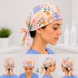 Groovy Floral Scrub Cap, Retro Patchwork Surgical Cap, Rainbow Orange Pattern Medical Cap, Cute Healthcare Worker Gift NRD-VSH22