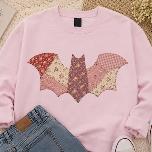 Real Patchwork Bat Shirt, Handmade Fabric Applique Tee, Quilted Halloween Bat Shirt, Sewn Spooky Gift ERD-JK432