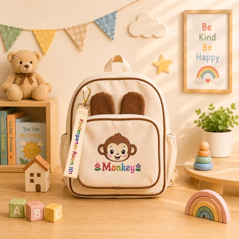 K&ouml;nnte beinhalten: Ein beigefarbener Rucksack mit braunen Affenohren, einer Vordertasche mit gesticktem Affengesicht und dem Text "Monkey" mit Blumen. Ein wei&szlig;er Schl&uuml;sselanh&auml;nger am Rei&szlig;verschluss tr&auml;gt die Aufschrift "Kindergarten Room 101".
