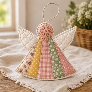 May include: A fabric angel ornament featuring a circular head with a pink floral print and a triangular body composed of vertical panels in yellow polka dot, pink gingham, green daisy print, and floral patterns with quilted white wings.