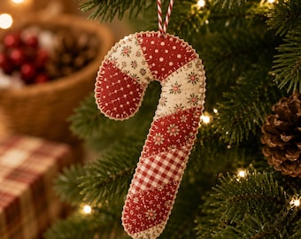Patchwork Candy Cane Ornament, Handmade Quilted Fabric Christmas Decor, Vintage Tree Hanging, Cottagecore Holiday Gift for Home EAK454-RD