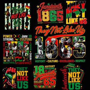 Könnte beinhalten: Eine Sammlung von Grafikdesigns auf schwarzem Hintergrund, die Juneteenth feiern. Die Designs zeigen Texte wie "Juneteenth 1865", "They Not Like Us" und "Black is Beautiful". Die Farbpalette umfasst Rot, Grün, Gelb und Schwarz.