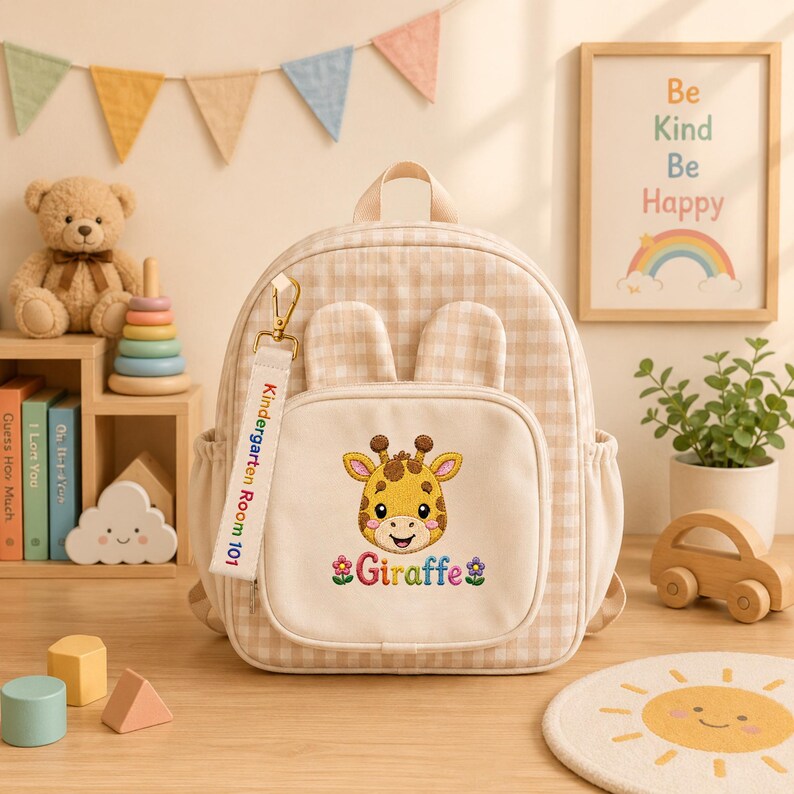 K&ouml;nnte beinhalten: Ein beigewei&szlig;er Rucksack mit Vichy-Karo-Muster, zwei kleinen Ohren oben und einer Vordertasche mit einer Giraffenkopf-Stickerei sowie dem Schriftzug "Giraffe" mit Blumen. Ein wei&szlig;er Stoffanh&auml;nger am Rei&szlig;verschluss tr&auml;gt den Text "Kindergarten Room 101".