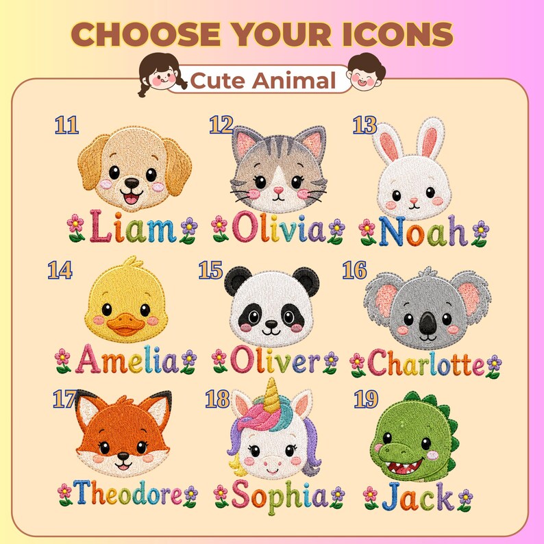 K&ouml;nnte beinhalten: Ein Raster aus neun gestickten Tiergesichtern mit Namen und kleinen Blumen. Der Text lautet CHOOSE YOUR ICONS und Cute Animal. Die Tiere umfassen einen Hund, eine Katze, einen Hasen, eine Ente, einen Panda, einen Koala, einen Fuchs, ein Einhorn und einen Dinosaurier.