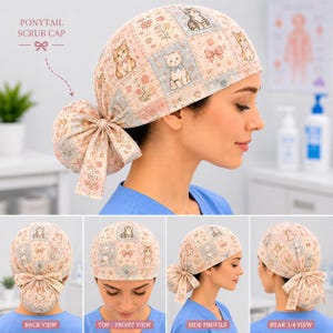 Cat Patchwork Scrub Cap, Pastel Floral Tie Back Surgical Cap, Cute Kitten Nurse Scrub Hat Gift NRD-SSH18