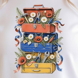Vintage-Werkzeugkasten mit Blumenmuster (PNG), rustikaler Werkzeugkasten-Blumenstrauß, DIY-Werkstatt-Cliparts