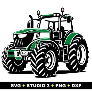 Peut inclure: Illustration d'un tracteur vert et noir avec de gros pneus, une cabine et divers détails. L'image comprend le texte "SVG + STUDIO 3 + PNG + DXF" en bas, indiquant les formats de fichiers.