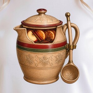 May include: A tan ceramic punch bowl with a lid, featuring a cutout section revealing sliced oranges, cinnamon sticks, and star anise. The bowl has a red and green horizontal stripe, embossed star patterns, and a matching ladle attached to the side.