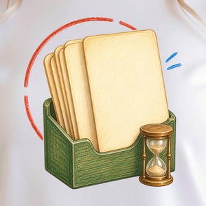 May include: A white t-shirt featuring a graphic illustration of a green wooden holder containing several blank rectangular cards, accompanied by a small gold-toned hourglass with sand, set against a red circular outline and blue marks.