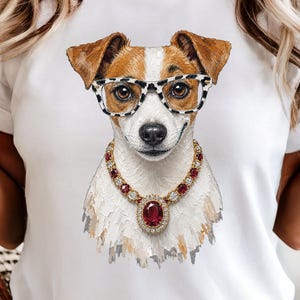 Jack Russell Terrier PNG, gafas con estampado de piel de vaca, collar de rubíes, clipart de sublimación de retrato de perro glamuroso, descarga digital