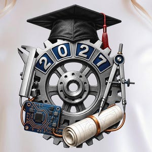Może przedstawiać: Biały t-shirt z grafiką dużego metalowego koła zębatego z liczbą 2027 w niebieskich segmentach. Na górze znajduje się czarny biret absolwenta. Koło zębate otoczone jest srebrnym kluczem płaskim, cyrklem, płytką drukowaną i zwiniętym planem technicznym.