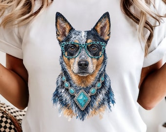 Blue Heeler PNG, Turquoise Leopard Glasses and Western Necklace, Glam Australian Cattle Dog Sublimation Clipart, Digital Download
