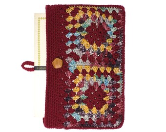 Burgundy Crochet Granny Square Book Cover, Boho Cotton Book Sleeve, Reader Gift