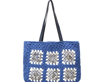 Blue White Crochet Granny Square Shoulder Bag, Boho Hobo Purse, Cotton Yarn Coastal Style