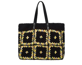 Handmade Black Yellow Crochet Tote Bag, Large Granny Square Shoulder Bag