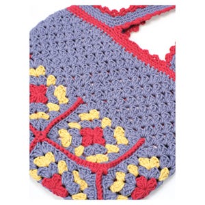 May include: A handmade crochet bag in a granny square design. The bag features a light purple base with red and yellow floral accents. The top and straps are trimmed in red, creating a vibrant contrast.