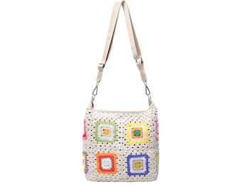 Cream Rainbow Crochet Crossbody Bag, Handmade Colorful Granny Square Purse, Boho Festival Bag Gift