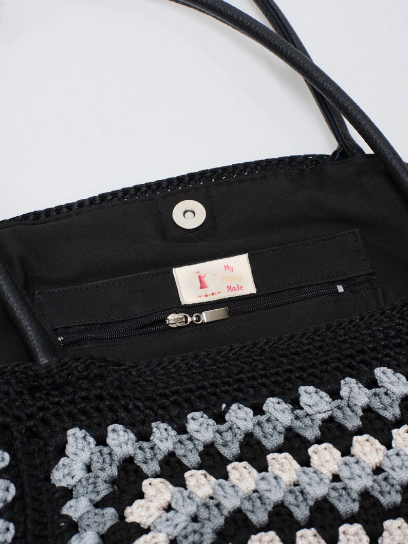 Black Gray Cream Crochet Granny Square Tote Bag, Genuine Leather Handle Boho Shoulder Bag bild 5