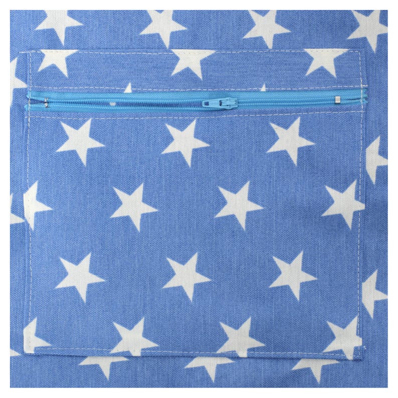May include: Close-up of a blue fabric with a white star pattern. A light blue zippered pocket is sewn onto the fabric. The zipper is light blue and the stitching is white.