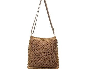 Caramel Brown Crochet Flower Crossbody Bag, Handmade Granny Square Purse, Boho Style