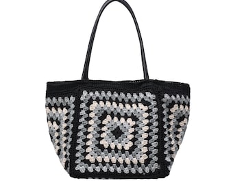 Black Gray Cream Crochet Granny Square Tote Bag, Genuine Leather Handle Boho Shoulder Bag