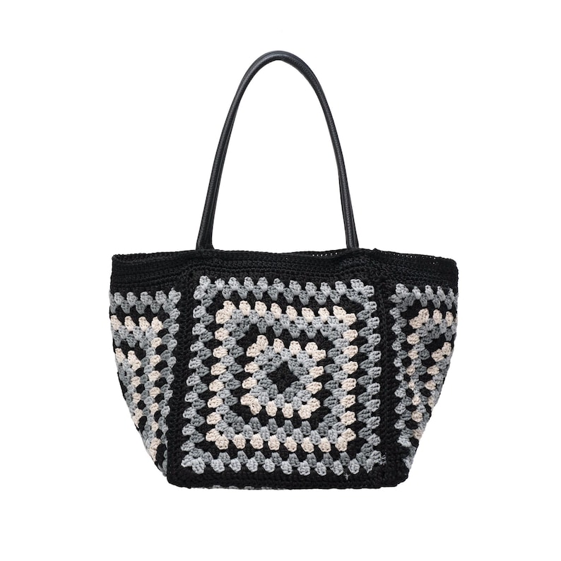 Black Gray Cream Crochet Granny Square Tote Bag, Genuine Leather Handle Boho Shoulder Bag bild 1
