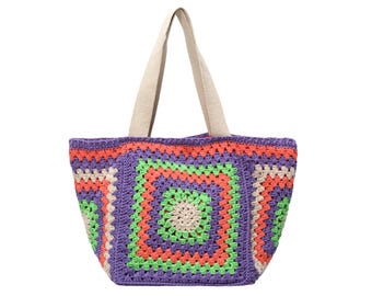 Handmade Crochet Granny Square Tote Bag, Purple Green Fiesta Boho Shoulder Bag