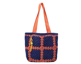 Navy Orange Crochet Granny Square Tote Bag, Handmade Boho Shoulder Bag
