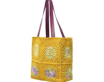 Mustard Yellow Crochet Tote Bag, Floral Granny Square Boho Style Bag