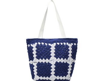 Navy White Daisy Crochet Tote Bag, Handmade Flower Granny Square Shoulder, Boho Cotton Gift for Her