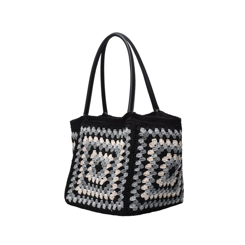 Black Gray Cream Crochet Granny Square Tote Bag, Genuine Leather Handle Boho Shoulder Bag bild 2