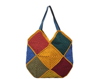 Multicolor Diamond Crochet Tote Bag, Handmade Granny Square Shoulder Bag, Boho Style
