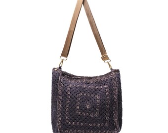 Black Gold Metallic Crochet Granny Square Bag, Boho Glam Evening Purse