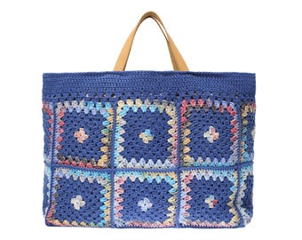 Navy Blue Crochet Granny Square Tote Bag, Boho Leather Handle Shoulder Bag