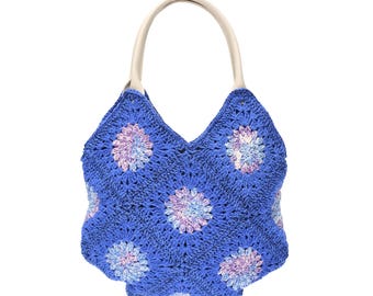 Cobalt Blue Crochet Hobo Bag, Granny Square Shoulder Tote, Boho Knit Style