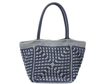 Navy Silver Bobble Crochet Tote Bag, Granny Square Shoulder Bag, Boho Style