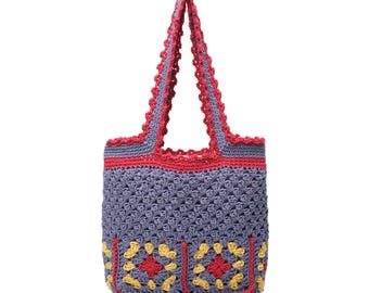 Slate Blue Red Crochet Granny Square Tote Bag, Boho Cotton Shoulder Bag