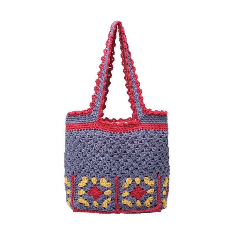 May include: A handmade crochet tote bag in shades of blue, red, and yellow. The bag features a textured stitch pattern, with red trim and handles. The bottom of the bag has a decorative pattern of yellow and red squares.
