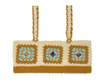Cream Caramel Crochet Clutch Bag, Handmade Granny Square Evening Purse, Boho Wedding Gift