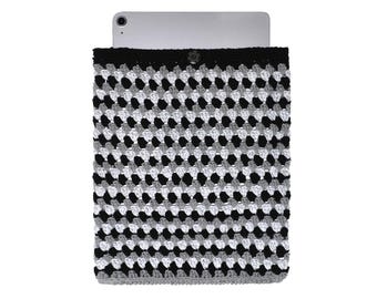 Handmade Black White Crochet Tablet Sleeve, Granny Square iPad Case, Boho Kindle Cover
