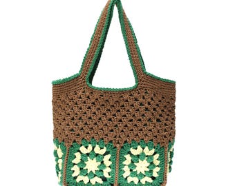 Brown Green Crochet Granny Square Tote Bag, Boho Cottagecore Market Shoulder Bag
