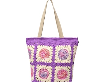 Lavender Crochet Floral Granny Square Tote Bag, Handmade Boho Cotton Shoulder Bag, Gift