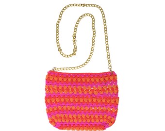 Pink Orange Crochet Mini Bag, Handmade Granny Square Crossbody Purse, Boho Festival Gift