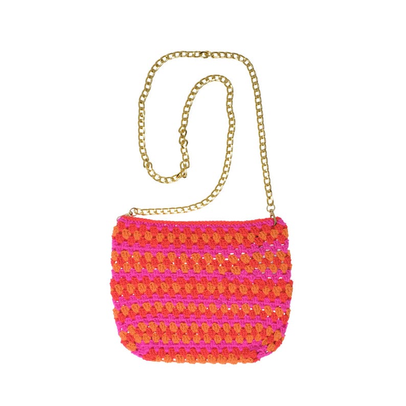 Rosa orange virkad miniväska, handgjord fyrkantig axelväska för mormor, boho festivalpresent bild 1