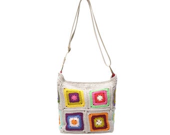 Cream Confetti Crochet Crossbody Bag, Handmade Colorful Granny Square Purse, Boho Festival Bag Gift