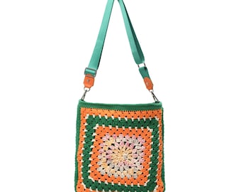 Green Orange Crochet Granny Square Bag, Handmade Boho Festival Purse, Gift for Her