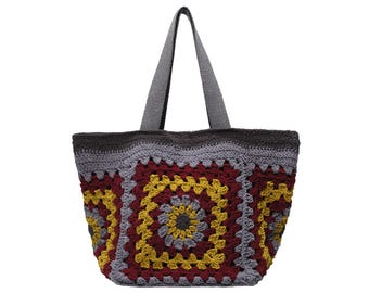 Gray Burgundy Crochet Harvest Tote Bag, Handmade Granny Square Shoulder Bag, Autumn Boho Gift